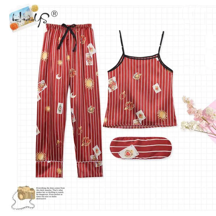 Stripe Printing Women's 7 Pieces Pajamas Sets Emulation Silk Satin Pajamas Women Sleepwear Sets Spring Summer Autumn Homewear