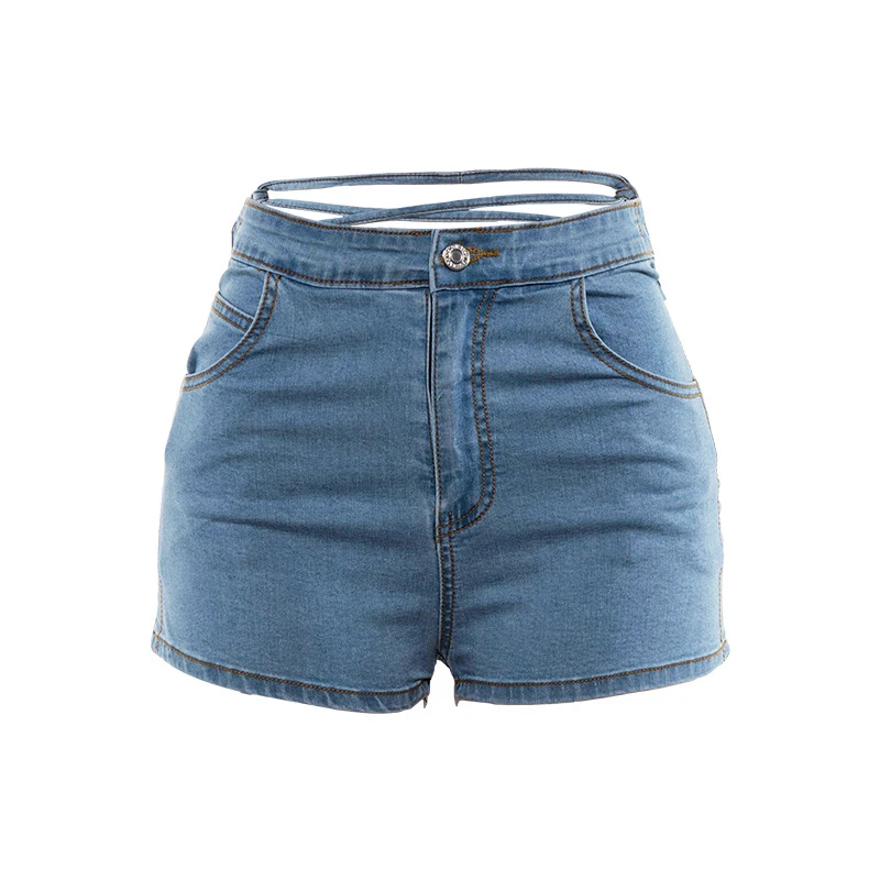 

Cute High Rise Waist Jeans Shorts Sexy Women Back Lace-up Denim Shorts Summer Casual Skinny Shorts Female