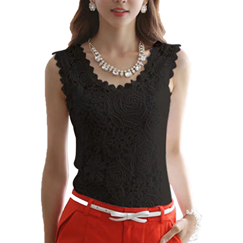 Женская летняя кружевная блузка с круглым вырезом белая рубашка без рукавов