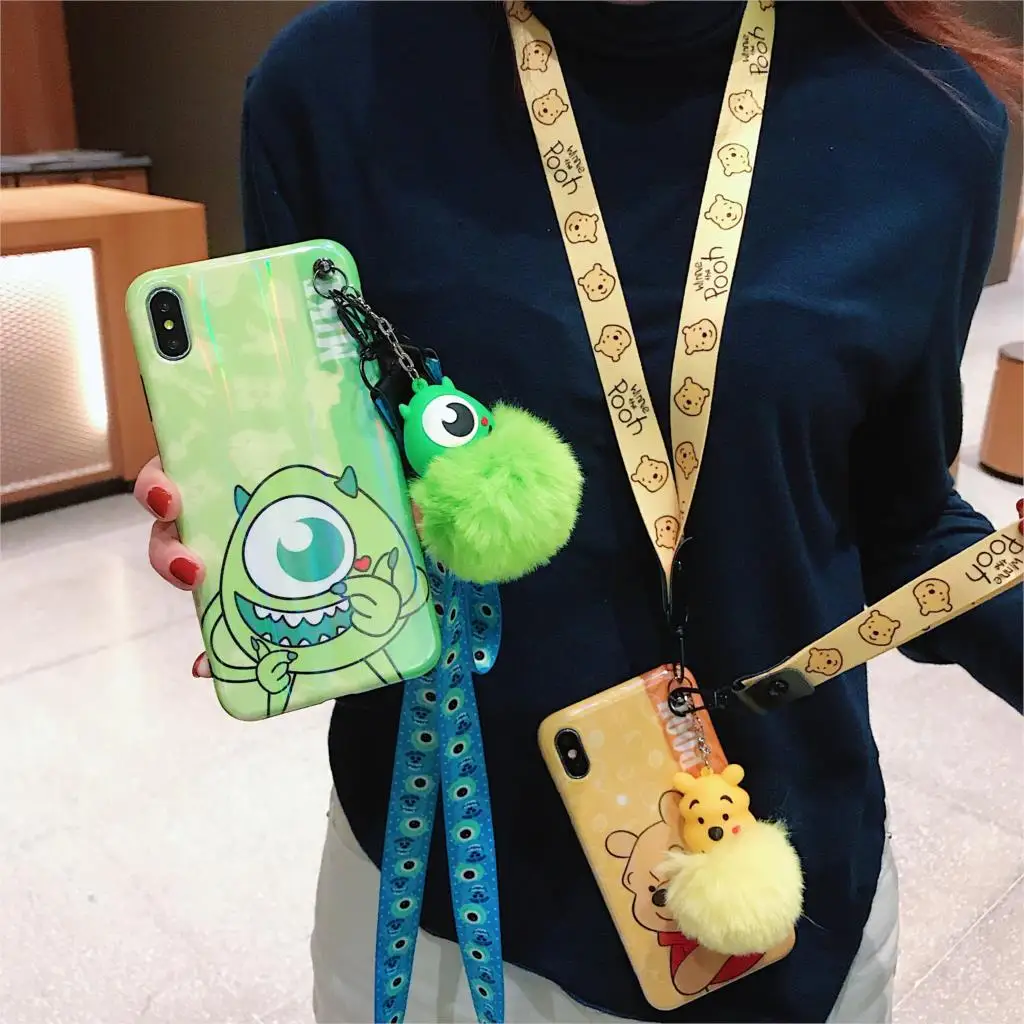 Monsters University cute Disneys Winnie the Poohs Couple Case For iPhone 8 7 6 6s Plus X XR Xs Max With lanyard Doll phone shell |