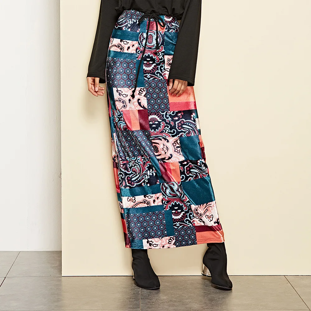 RIKOCHIC 2018 Новый Для женщин Высокая талия Flare макси юбки осенние бархатные Boho с