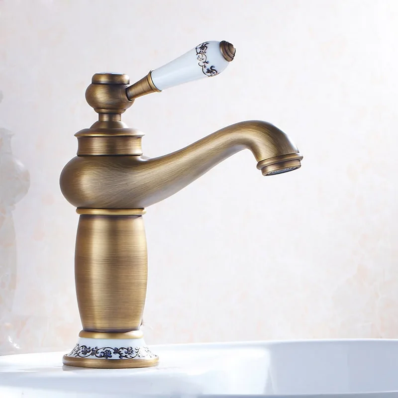 

Antiue Ceramic Basin Mixer Taps Brass Single Handle Vintage Bathroom Faucet Deck Mounted One Hole Hot And Cold Water