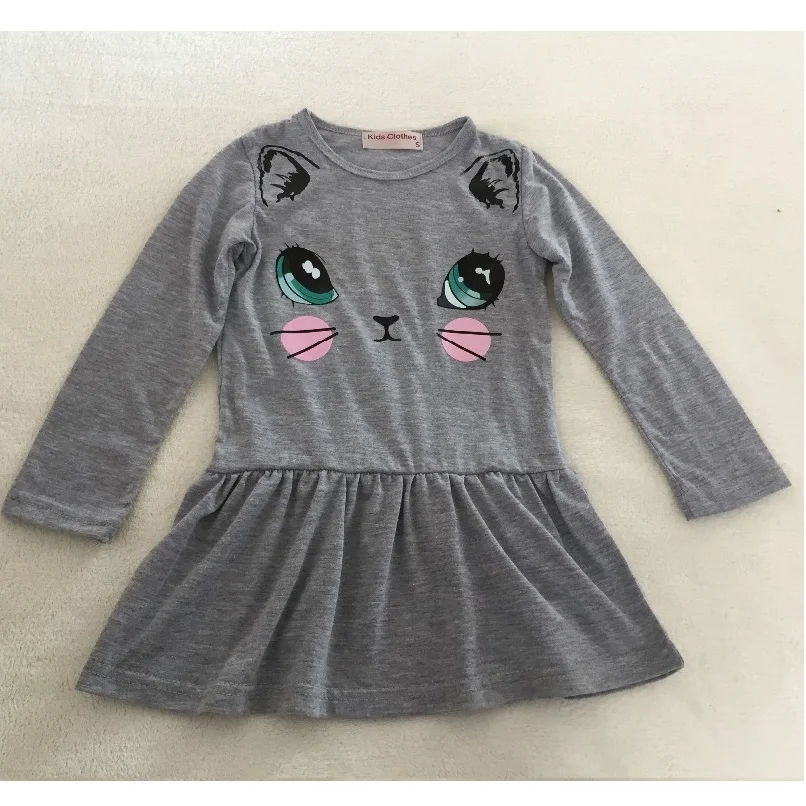 Grey Cat Girls Dress Children Jumpers Long Sleeved Girl One Piece Blouses baby girl clothes | Детская одежда и обувь