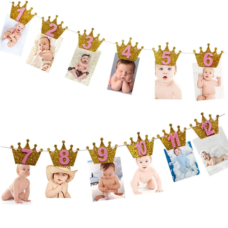 2 12 месяцы фоторамка баннер первый День рождения украшения 1st Baby Shower для мальчиков и девочек 1 годик Скрап вечерние поставки - Цвет: 2