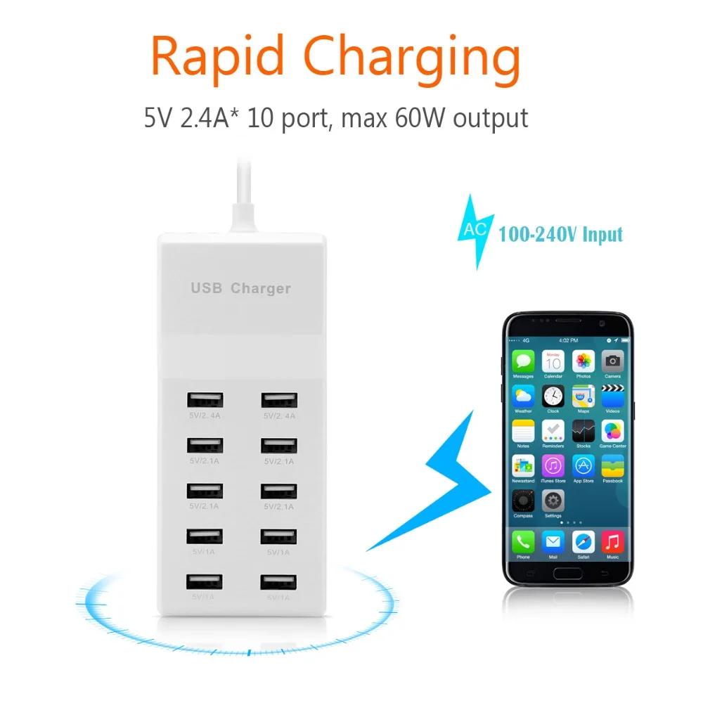10 USB зарядное устройство разветвитель 60W Мобильный телефон концентратор умная ИС