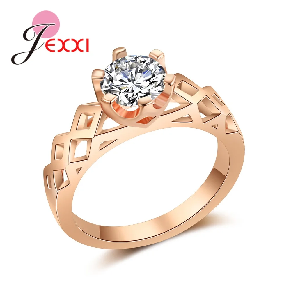 

Geometric Design Simple Rose Gold Promise Rings Prong Setting Single Clear CZ Crystals For Bridal Women Wedding Accessory