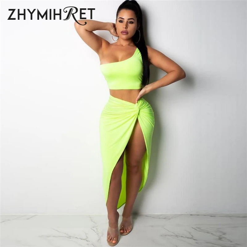 ZHYMIHRET, неоновый цвет, комплект из двух частей, платье для женщин, на одно плечо, топы, сбоку, с рюшами, с высоким разрезом, платье для женщин, бандаж, Vestidos