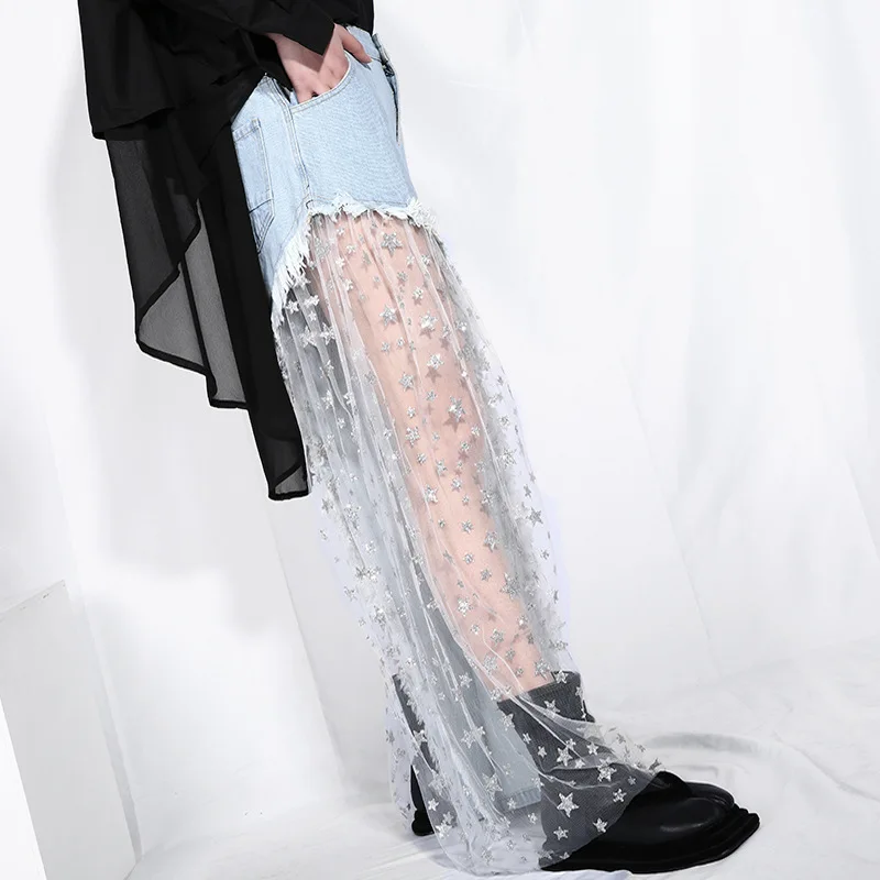Europe and the United States perspective stars mesh stitching jeans 2019 spring summer new side open wide leg pants tide | Женская