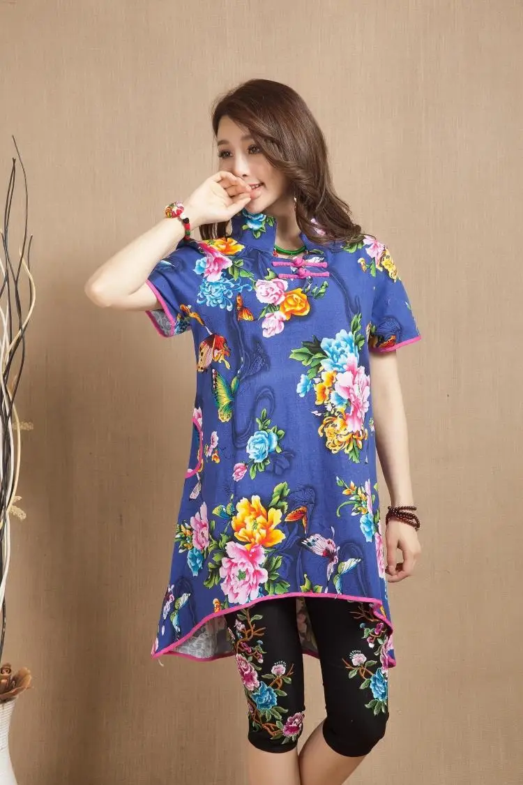 Женский костюм-Ципао средней длины с винтажным принтом пуговицами и коротким