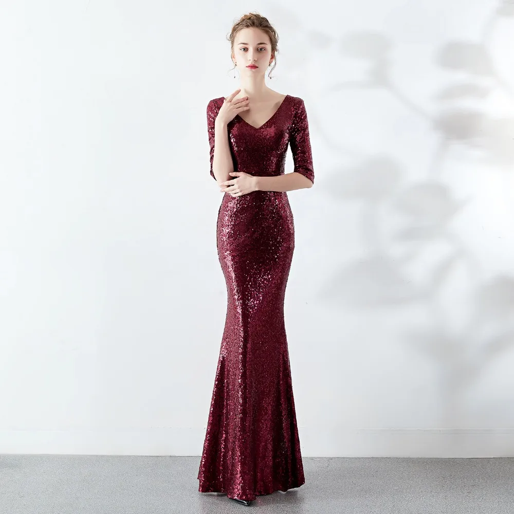 Sladuo Women Luxury Elegant Wine Red Sexy Half Sleeve Sequin Long Length Mermaid Party Dress Maxi | Женская одежда