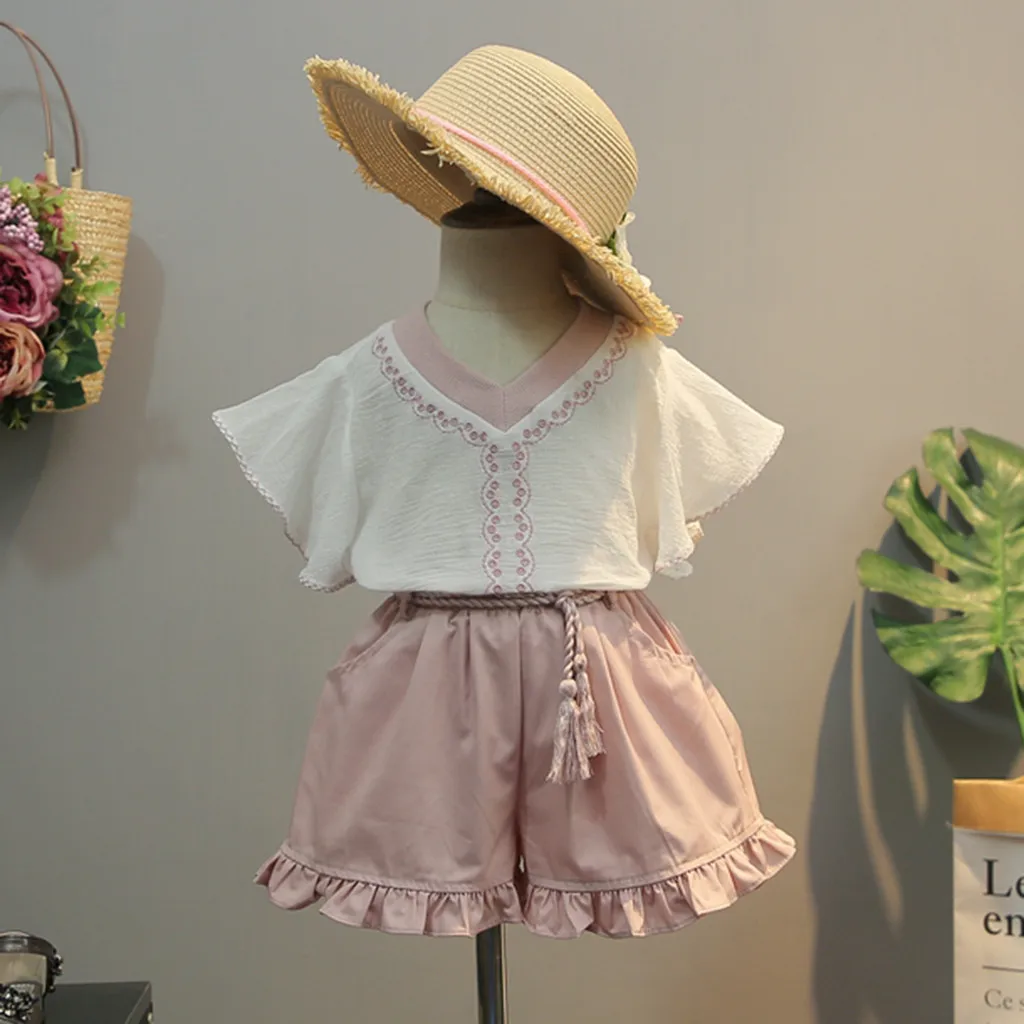 Cotton printed dress Toddler Kids Baby Girls Outfits Clothes Embroidery T-shirt+Ruffles Shorts Set vestido infantil bautizo #06 | Детская