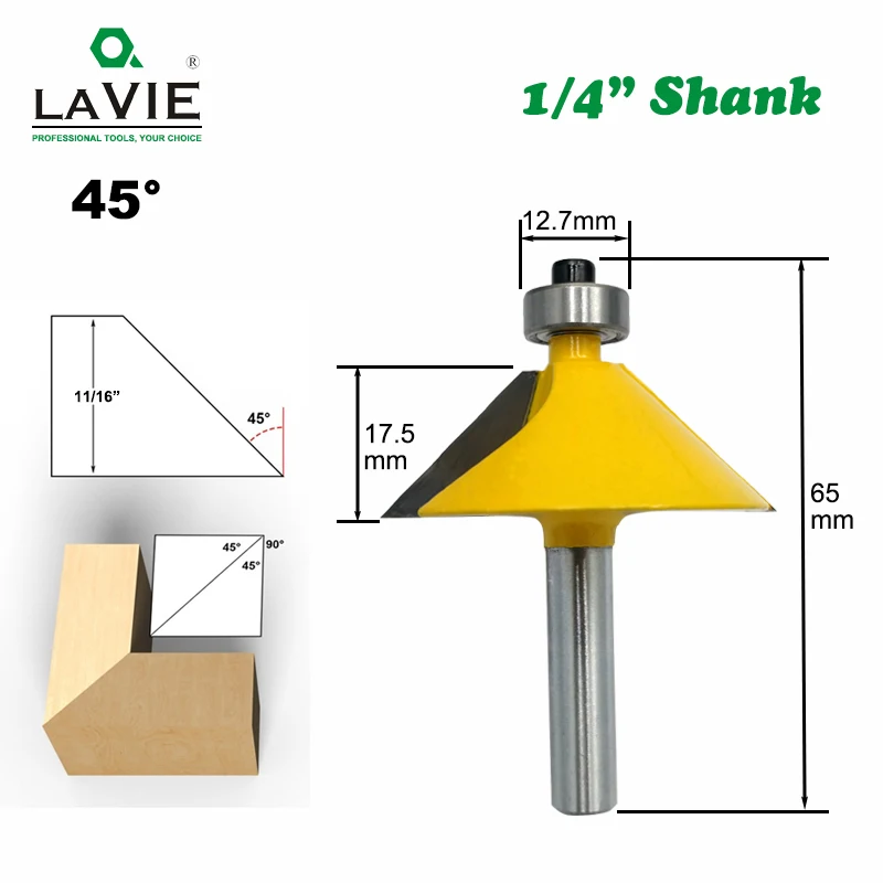 1pc 1/4 Inch Shank 45 Degree Chamfer Bevel Edging Router Bit Milling Cutter for Wood Tungsten Carbide Woodworking Bits MC01081