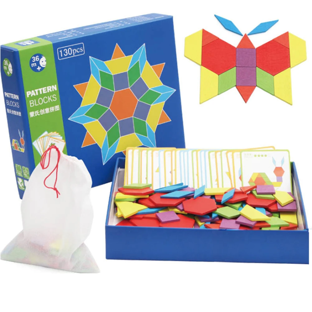

Educational Wooden Pattern Blocks Educational Montessori Toys With With 130 Geometric Shape Pieces And 24 Design Cards For Kids