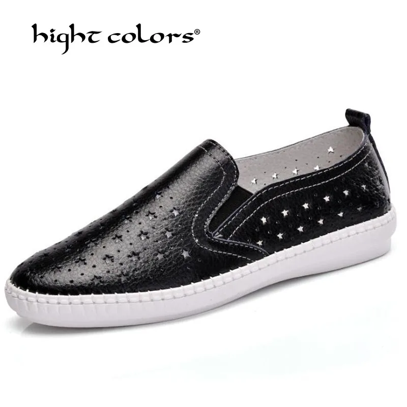 

Breathable Split Leather Summer Shoes Woman 2019 Flat Low Heel Hollow Out Black Blue White Slip On Shoes For Women Soft