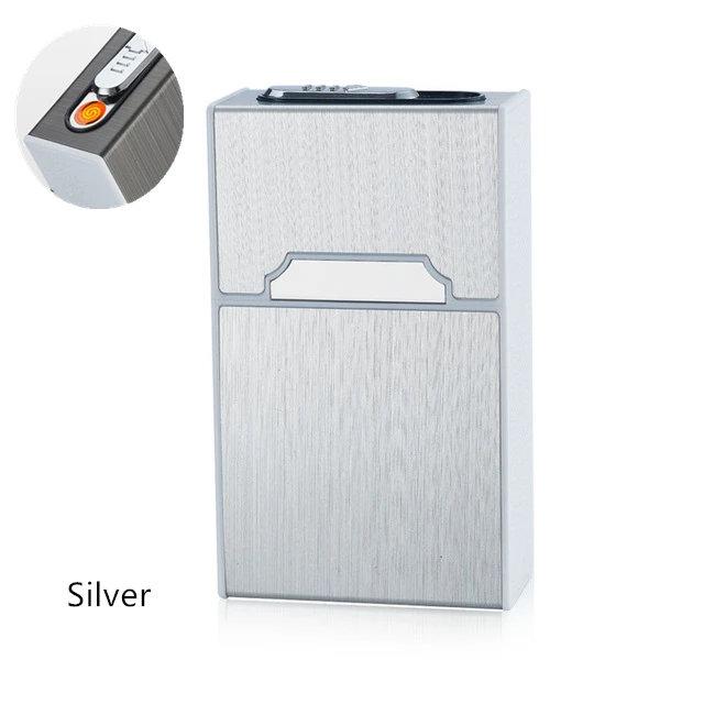 Silver Портативный чехол для сигарет с зажигалкой, 20 шт., держатель для сигарет, водонепроницаемая сигаретная коробка, USB перезаряжаемая электрическая зажигалка для мужчин, подарки - Цвет: Silver
