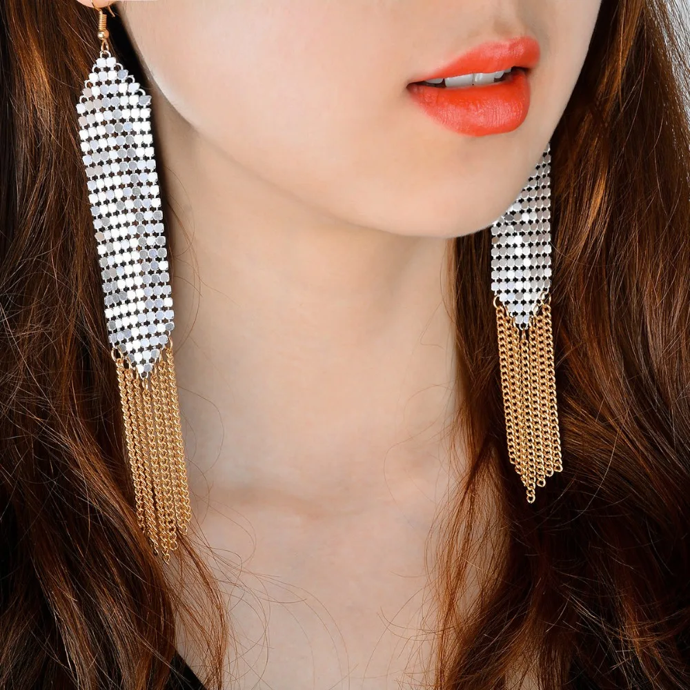 Элегантный Для женщин длинной кисточкой Серьги висит Цепи бахрома Блёстки