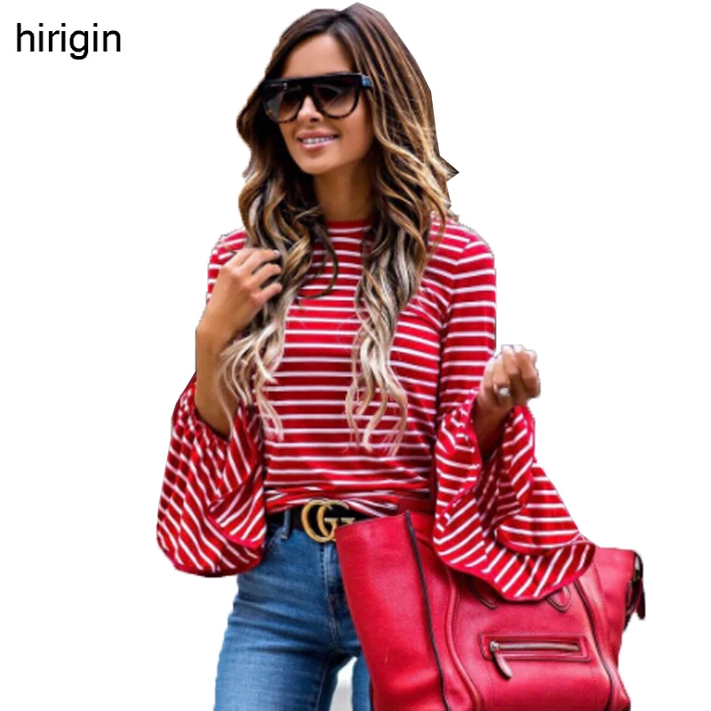 Женская футболка в полоску с длинным рукавом и круглым вырезом|korea tshirts|fashion