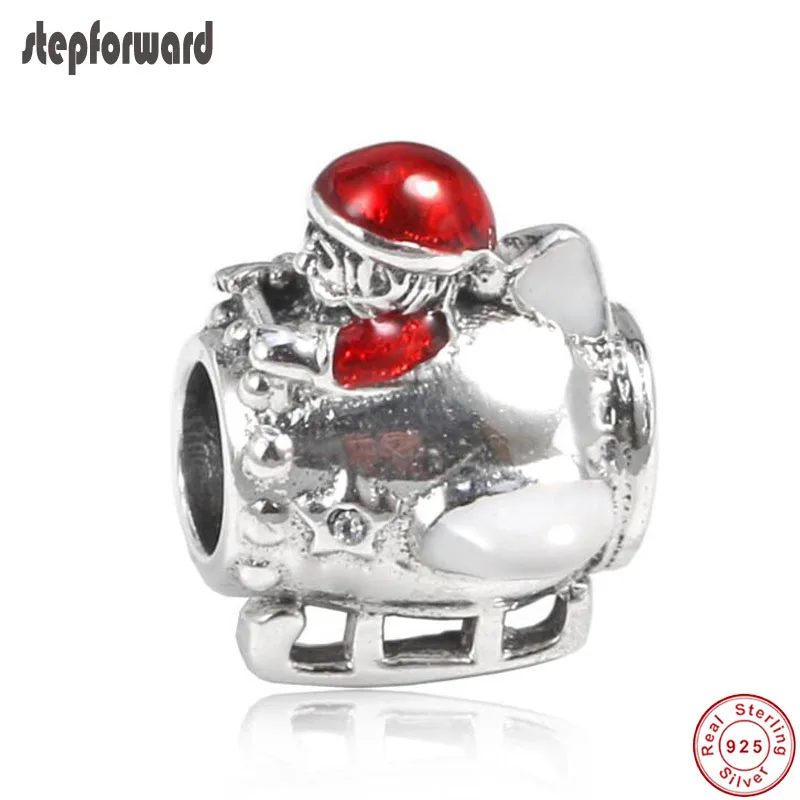 

New Arrival Red Enamel Cute 925 Real Silver Santa Plane Charm Fit European Famous Bracelet