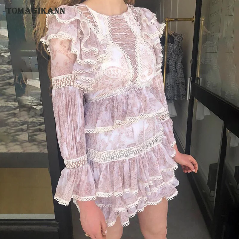 Винтажные каскадные кружевные Мини платья в стиле пэчворк 2019 летние открытые с