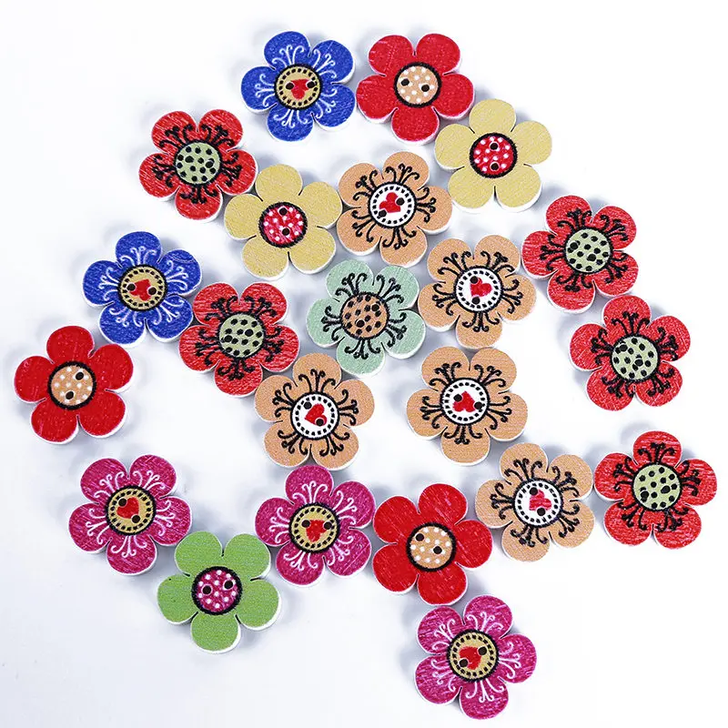 100Pcs Popular Flower Shaped Buttons Home Decoration Crafts Wooden Scrapbooking 2 Holes Mixed Wood Sewing | Дом и сад
