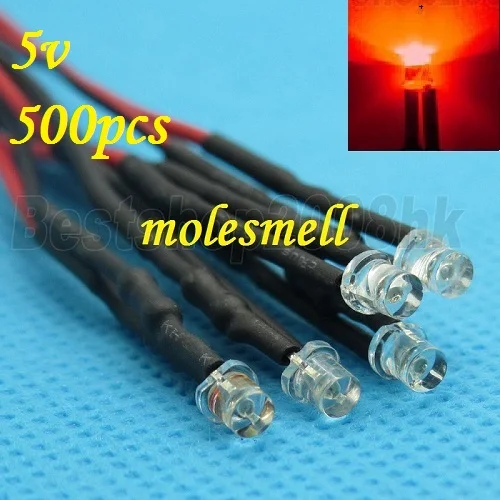 Free shipping 500pcs 3mm 5v Flat Top Red LED Lamp Light Set Pre-Wired 3mm 5V DC Wired 3mm big/wide angle red 5v led