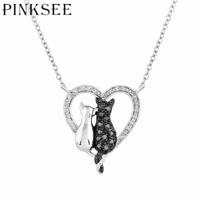 Pinksee черный белый цвет Cat сердце любовь пара Ожерелья для мужчин романтическая