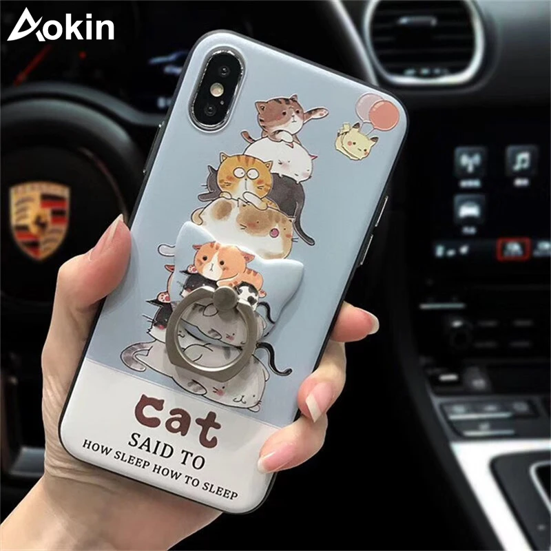 Aokin Cute Cat Phone Cases for iPhone X Case Cool Rabbit Optional Stand Ring Holder Soft Silicone Relief Cover Capa |