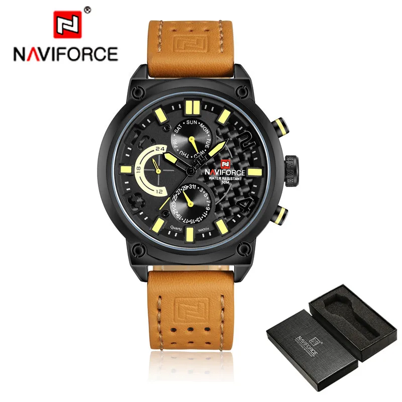 NAVIFORCE мужские часы с датой недели спортивные мужские s часы лучший бренд класса люкс Военный бизнес из натуральной кожи кварцевые мужские часы подарок 9068 - Цвет: NA9068L04 with box