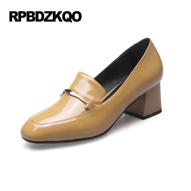 

Chunky Medium Square Toe Size 33 Court Formal Black High Heels Brand Designer Shoes Women Patent Leather Pumps Yellow Office