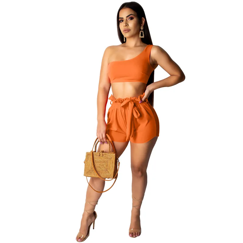 Женский укороченный топ на одно плечо и шорты с талией комплект из 2 предметов