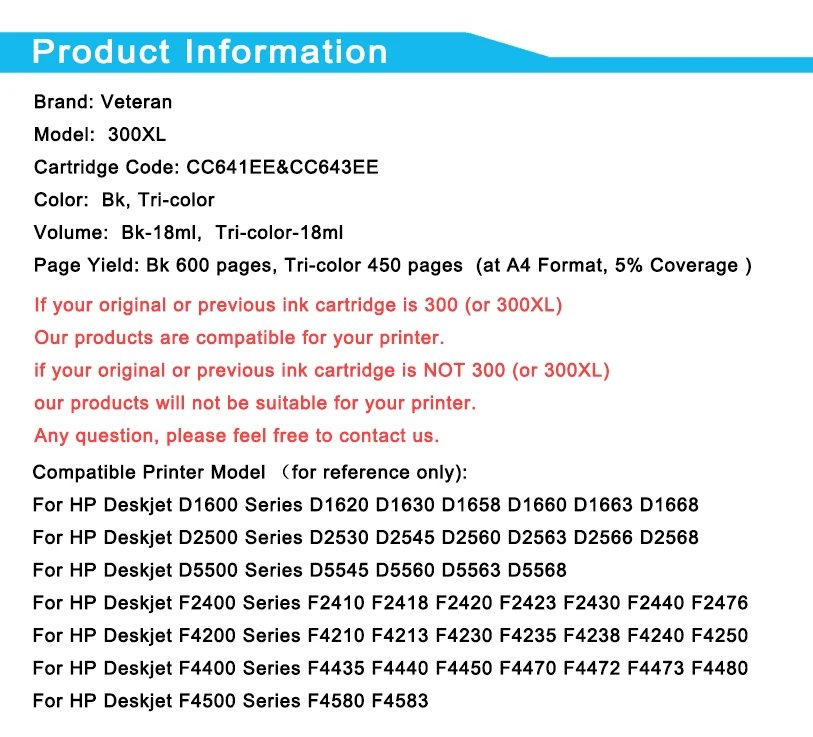 Ветеран 300XL картридж для hp 300 XL hp 300 чернильный картридж для hp Deskjet D1660 D2500 D2560 D2660 D5560 F2420 F2480 F2492 принтер
