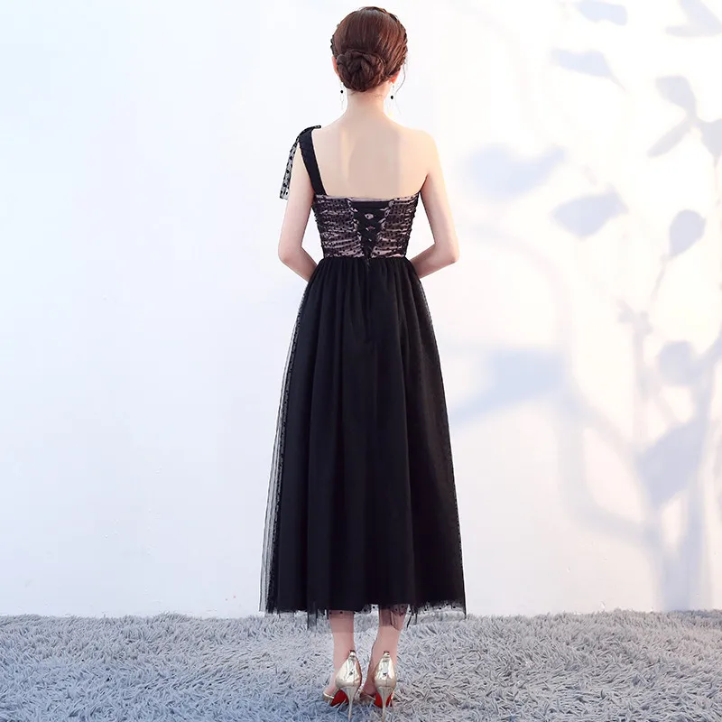 Черные вечерние платья Длинные одно плечо Тюль сексуальные элегантные в пол для