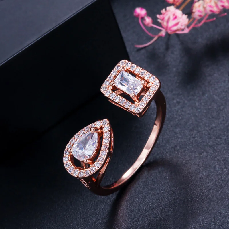 Rose Gold Ring BeaQueen изысканные кубические вставки из циркония установка тонкий браслет без застежки кольцо и серьги модные комплекты украшений для женщин JS180 - Окраска металла: Rose Gold Ring