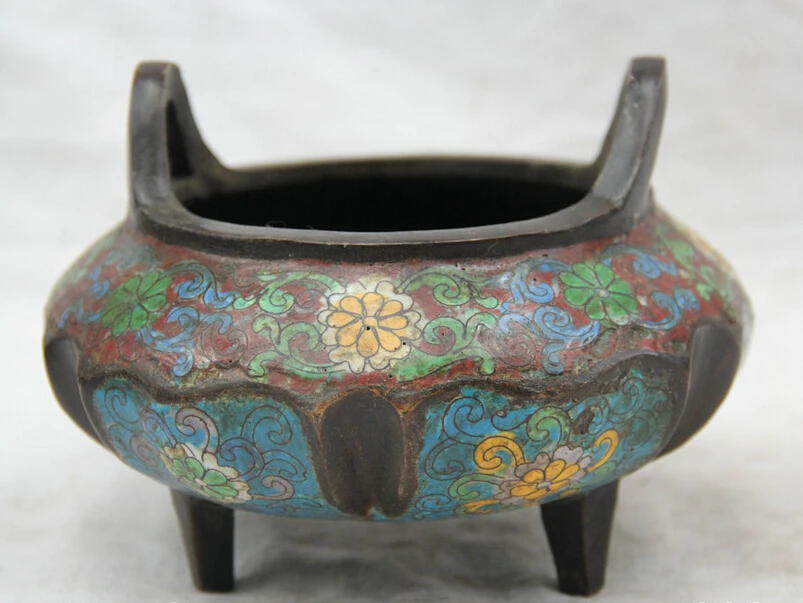 

Collectible bronze S2011 Old Chinese Cloisonne Enamel Bronze 3 Foot Qing Qianlong Incense Burner Censer