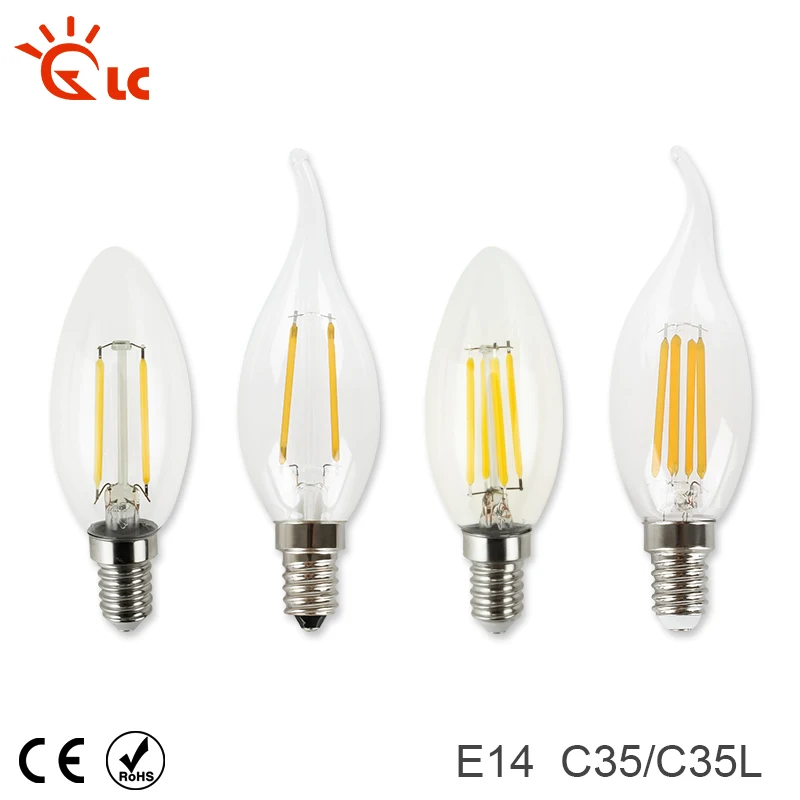 Светодиодная свеча E14 лампа накаливания стеклянная C35 C35L 220V 240V 2W 4W 6W старинная