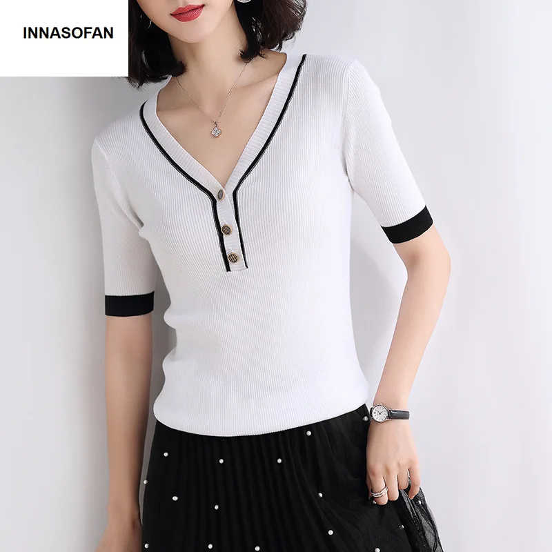 INNASOFAN Thin sweater Female Spring-Summer Knitted Eurasian fashion elegant short sleeve and V-collar | Женская одежда