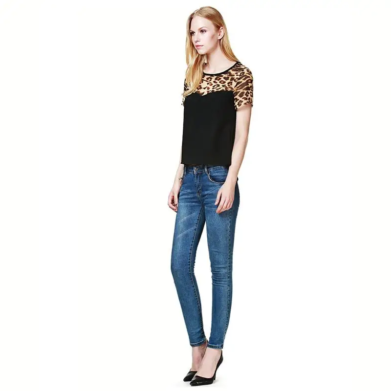 2016 Лето Женщины Повседневная Clothing Leopard Печати Лоскутная Шифон Топы Tee Shirt blusas feminina