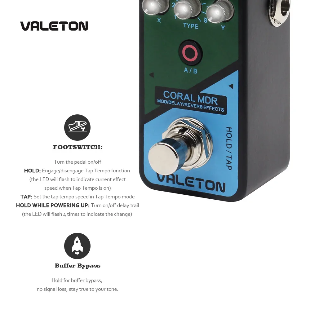 

Valeton Multi Effects Guitar Pedal Coral MDR of Reverb Delay Chorus Phaser Vibrato Tremolo Flanger Digital Analog Delay