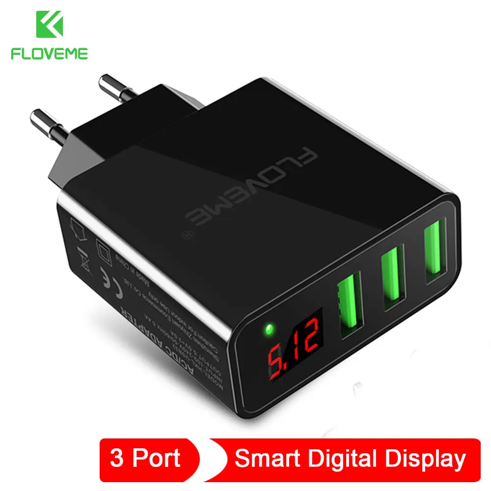FLOVEME светодиодный дисплей 3 USB зарядное устройство Макс 2.4A ЗУ для мобильного