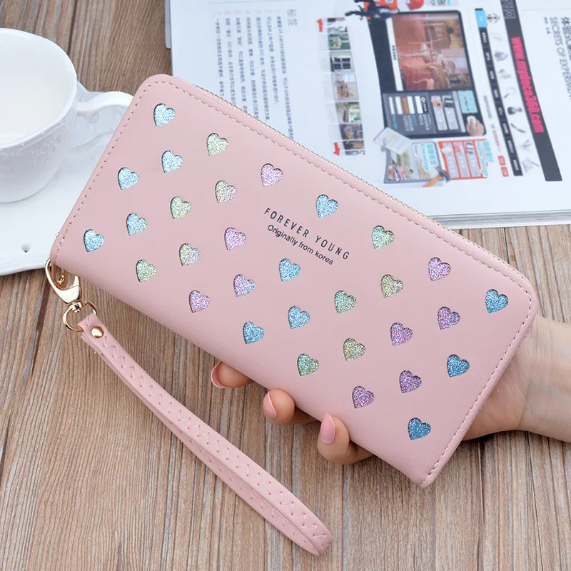 Leather women's wallet New cute Love color hollow large capacity Purses women Solid color purses Long Love zipper female wallet - Цвет: Розовый