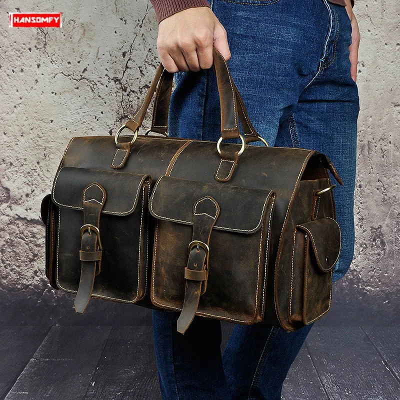 Men's Briefcases Male 14-inch Laptop Handbag Business Shoulder Messenger Bag Computer Crossbody Bags Retro Crazy Horse Leather