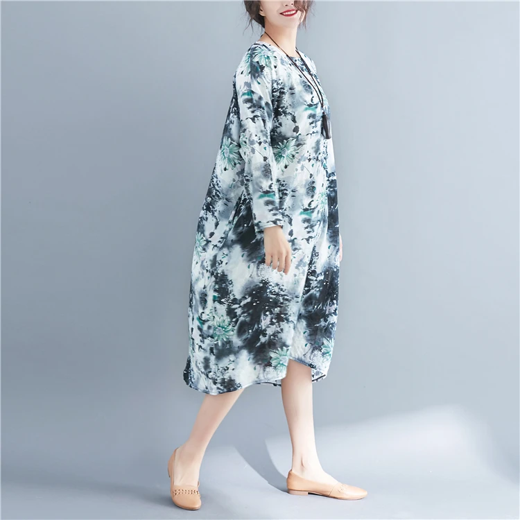 P Ammy Lagenlook живописи тушью хлопок и лен джемпер прямого платье Весна плюс Размеры