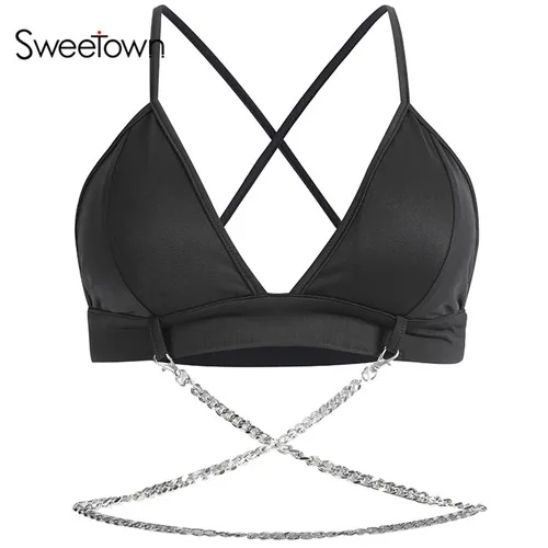 black Sweetown, черный топ без косточек, женский, съемная подкладка для бюстгальтера, v-образный вырез, сексуальные, вечерние, топ, крест, открытая спина, металлическая цепочка, летние топы - Цвет: black