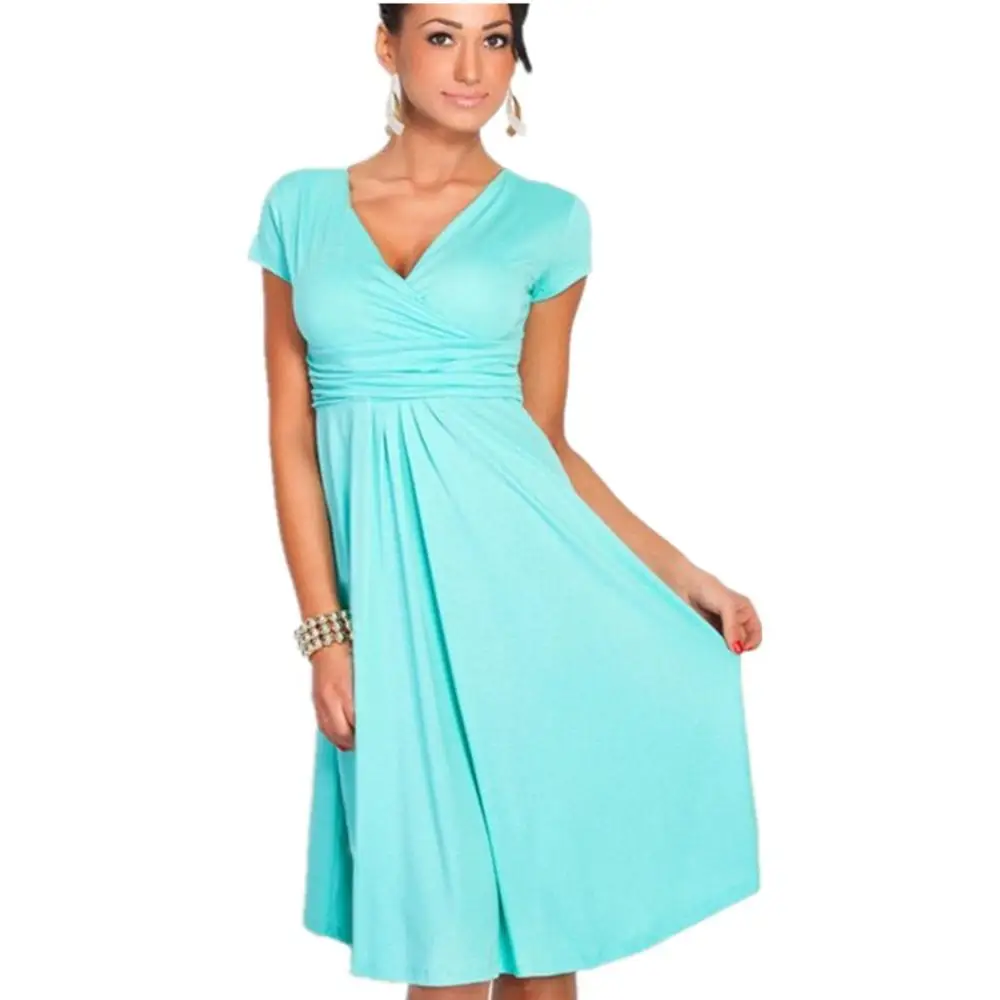 

FASHION Women's Sexy V-Neck Dress Stretchy Tunic Short Sleeve Casual Dresses Loose Hem Robe Femme Elastic Clothes S-XXL