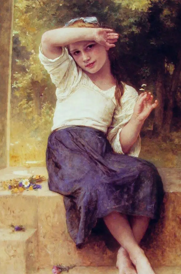 Лучшая художественная картина Bouguereau-портрет молодой девушки и маленькие цветы в