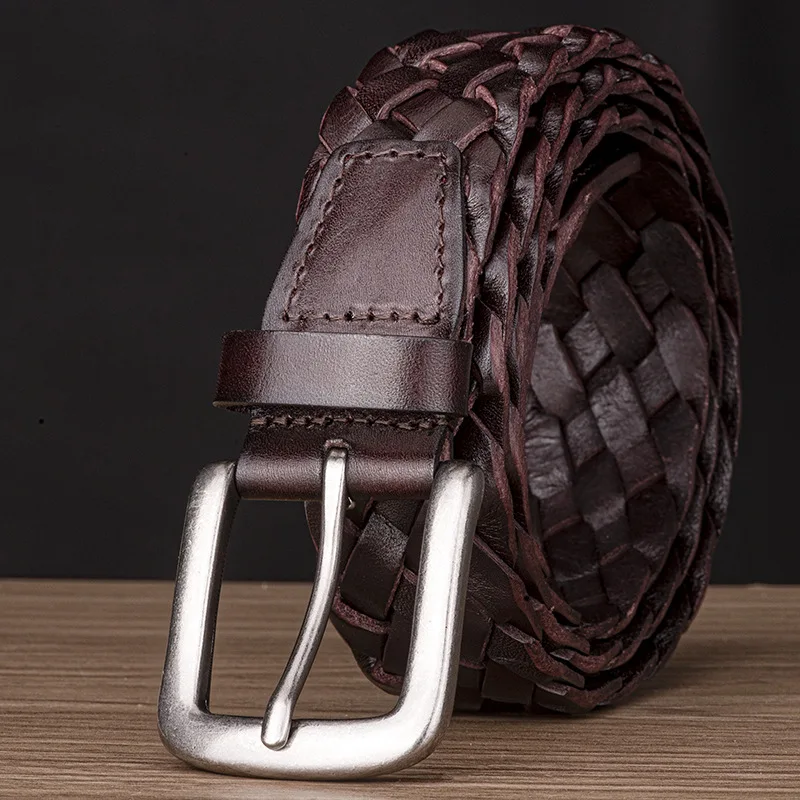 Cinturón de cuero genuino de grano completo para hombre, Correa tejida con diseño de punto, 2019