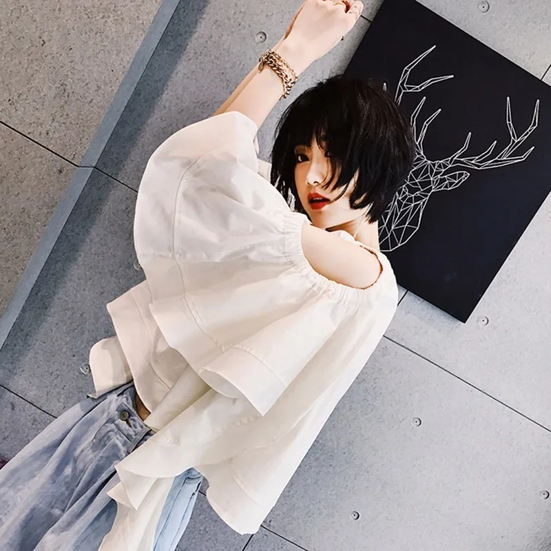 TWOTWINSTYLE Ruffles Short Shirt Female Hollow Out Flare Sleeve Ribbons Lace Up White Blouse Women 2019 Spring Summer Sexy New |