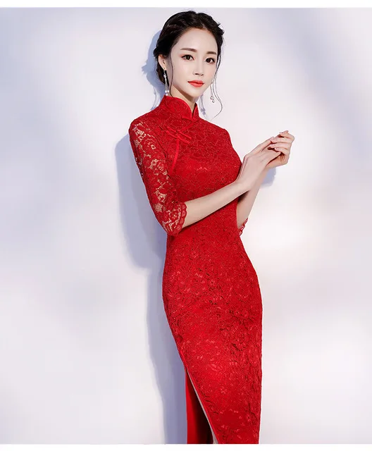 Новое поступление, кружевное женское Красное китайский воротник Qipao, элегантное китайское свадебное платье невесты, женское тонкое длинное винтажное платье чонсам, S-2XL