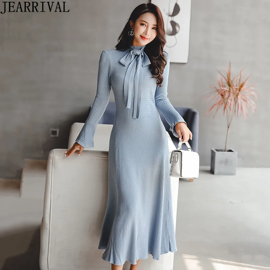 2019 вязанное зимнее платье с длинными рукавами женское повседневное теплое