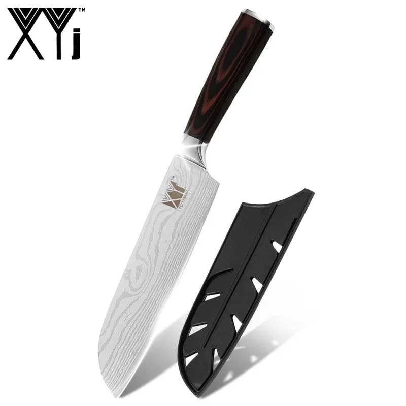D.7 inch Santoku XYj Дамасские вены кухонные ножи столовые приборы из нержавеющей стали набор ножей инструменты цвет деревянной ручкой аксессуары для приготовления пищи Подарочные чехлы - Цвет: D.7 inch Santoku